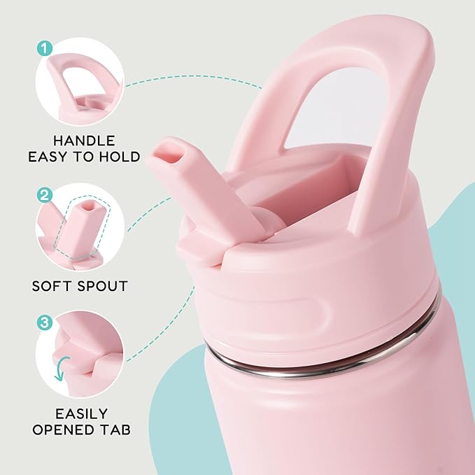 Fijinhom 12oz Kids Water Bottle for School, Toddler Bottles with Straws, Stainless Steel Vacuum Insulated Water Bottle for Boys&Girls, Leak-Proof, BPA-Free, Bubble Gum