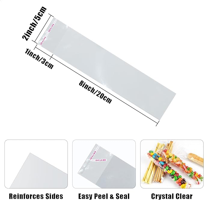 SUREHOME Pretzel Rod Bags 100 Pcs 2x8 Inch Pretzels Bag Adhesive Pretzels Individual Bags Clear Resealable Self Sealing Cellophane Bag for Chocolate Covered Pretzels Stick Candy Treats Packaging