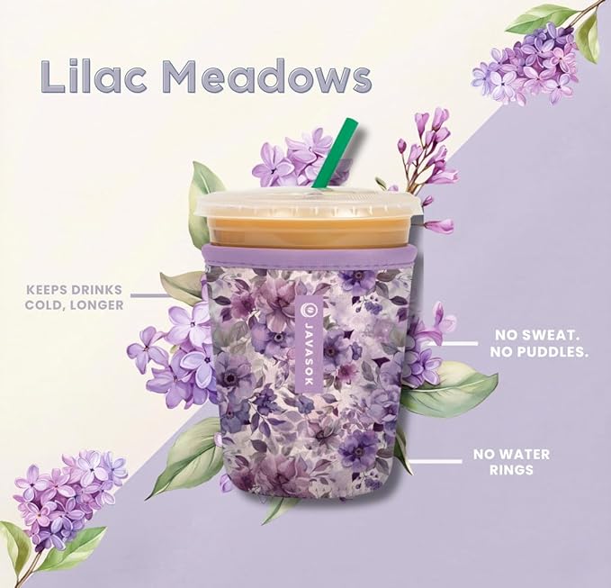 Sok It JavaSok Iced Coffee & Cold Soda Insulated Neoprene Cup Sleeve (Lilac Meadows, Medium: 22-28oz)