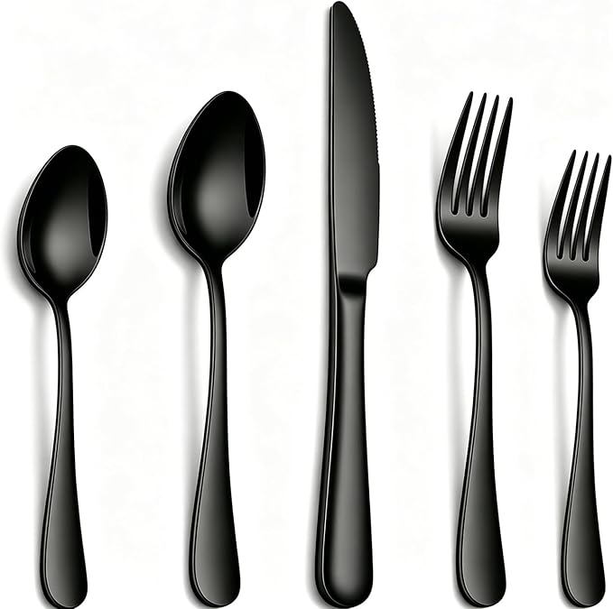 20 Pcs Black Silverware Set, Stainless Steel Flatware Set for 4 Food Grade Cutlery Utensil Set Include Knife Fork Spoon Mirror Polished Dishwasher Safe