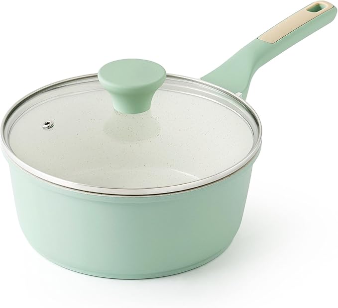 SENSARTE Ceramic Nonstick Saucepan with Lid 1.5 Quarts, Small Kitchen Cooking Pot with Stay Cool Handle, Induction Compatible, Ceramic Coating, Free of Intentionally Added PTFE/PFOA/PFAS, Green
