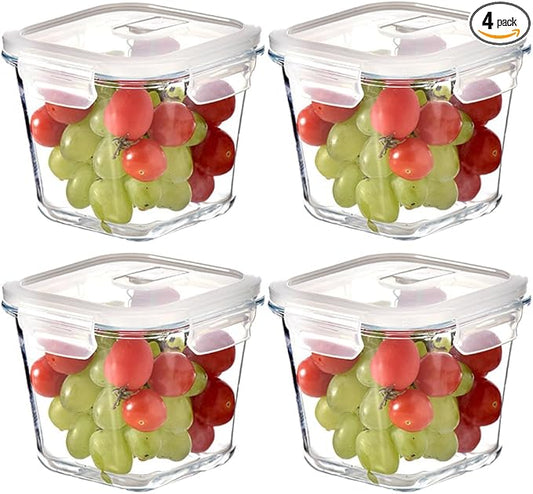 H.JSS WDJS 4 Cup Square Glass Food Storage Container with Lids, Square Glass Soup Container with Airtight Lids, 32 OZ Food Prep Bowls for Leftovers, Salad, Microwave、Fridge、Dishwasher Safe (4 Pack)