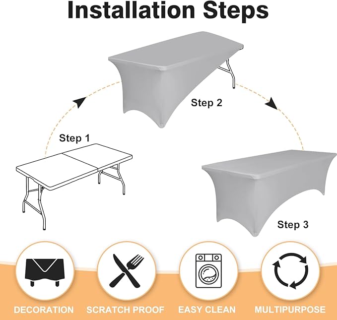 2 Pack 6 Feet Grey Spandex Tablecloth for Rectangular Tables, Fitted & Stretch, Washable, Wrinkle Resistant, Perfect for Event, Wedding, Party, Banquet, Cocktail, Festival, and Table Protector