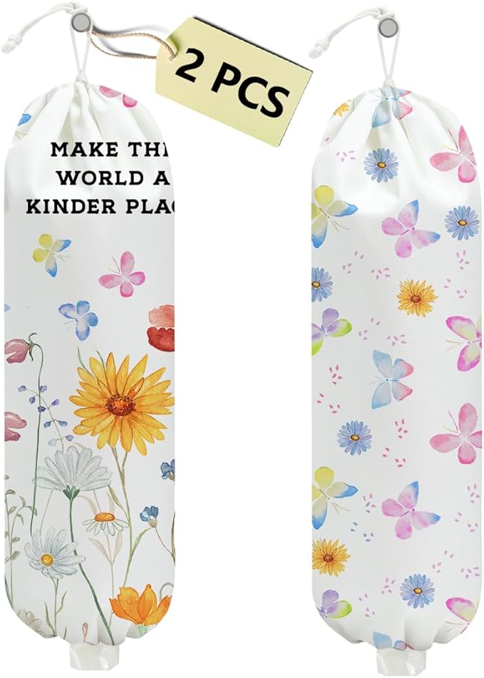 2 Pcs Flower Plastic Bag Holder, Wall Mount Grocery Bag Holder for Plastic Bags, Washable Large Grocery Bags Storage Dispenser for Home Kitchen Pantry Decor, Butterfly Gifts for Women, 22.5x9 Inch