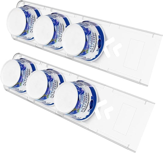 Sophico Yogurt Organizer for Fridge, 4 Capacity Yogurt Sliders for Refrigerator, Yogurt Holder with Adhesive Tapes for 3.75 Inch Yogurt, Greek and Vegan Yogurt (Transparent,2 Pack)