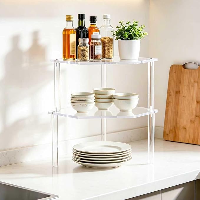 AKAZA 2Pcs 2-Tier Corner Stackable Organizer Shelf for Kitchen - Cabinet Storage Shelf Rack, Shelves，Kitchen Counter and Cabinet Shelf, Storage Rack Organizer (Clear)