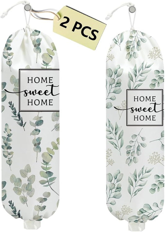 2 Pcs Eucalyptus Leaves Plastic Bag Holder, Wall Mount Grocery Bag Holder for Plastic Bags, Reusable Grocery Bags Storage Dispenser, Farmhouse Sweet Home Kitchen Decor, Flower Gifts for Women Mom