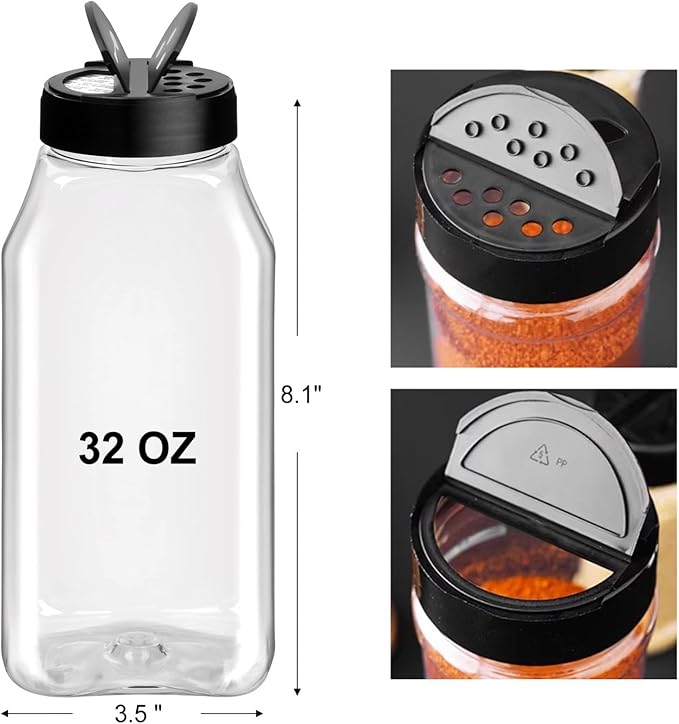 TUZAZO 32 Oz Spice Bottles Plastic Seasoning Containers, 6 PACK Large Plastic Spice Jars with Shaker Lids Empty for Spice & Herbs, BPA Free | Heavy Duty | Wide Mouth | Dual Flaps