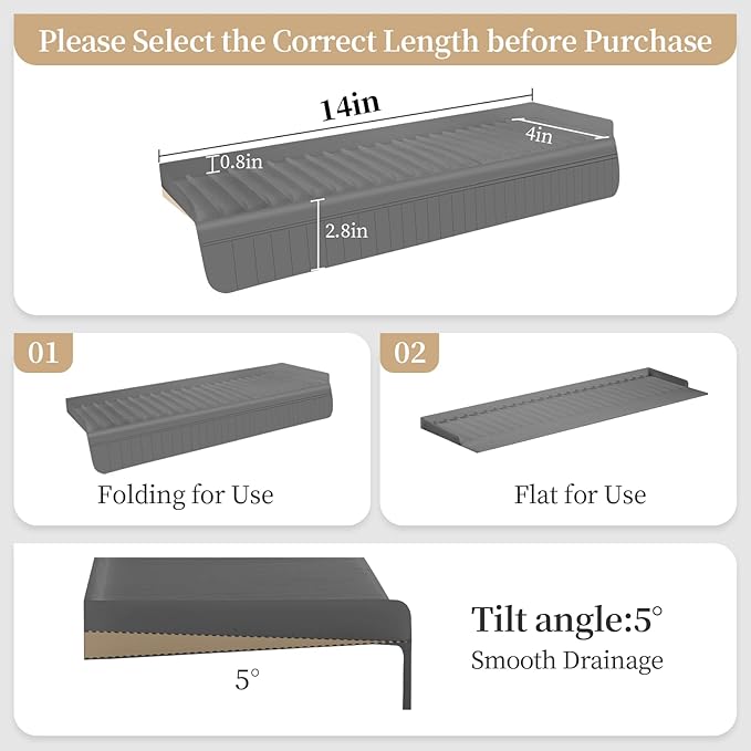 Sink Edge Protector with Suction Cup, 14" x 4", Silicone Sink Splash Guard for Kitchen & Bathroom, Protect Countertop from Scratches, Stains, for Stainless Steel Granite Quartz, Gray