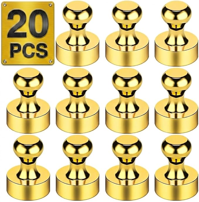 Metallic Magnets, Refrigerator Magnets, 20 Pack Gold Magnetic Push Pins, Strong Fridge Magnets, Multi-use Whiteboard Magnets Perfect for Kitchen Office Classroom
