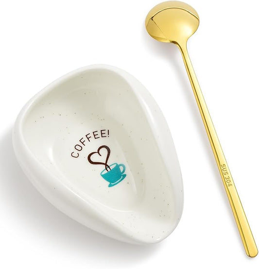 FANGSUN Spoon Rest with Gold Coffee Spoon, Ceramic Spoon Holder for Kitchen Counter, Gifts for Women Mom, New Year's Presents, Cute Coffee Bar & Corner Space Accessories