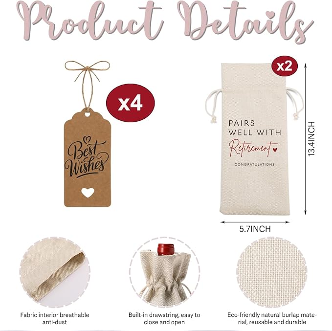 XFW 2pc Retirement Wine Bag, Retirement Gifts for Women Men, Retire Gifts Wine Bag, Pairs Well With Retirement Congratulations Wine Bag