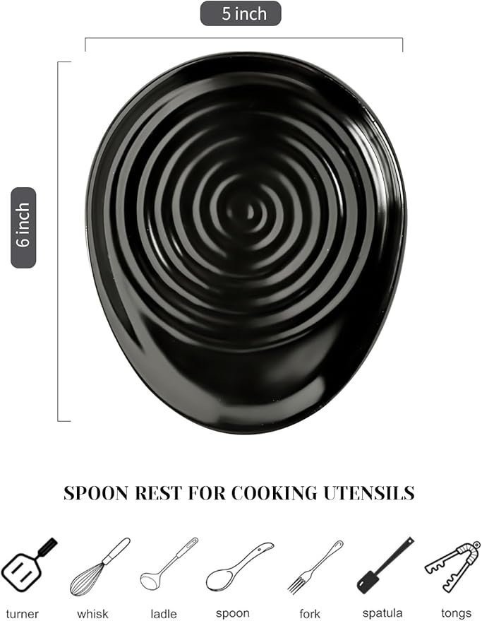 Ceramic Spoon Rest for Stove Top, Spoon Holder for Kitchen Counter, Farmhouse Cooking Utensil Holder for Spoons, Ladles, Spatula, Matte Black