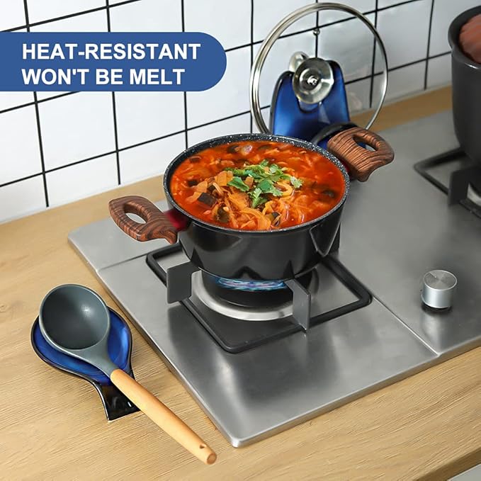 Nihow Ceramic Spoon Rest: 4 Inch Stable Utensil Rest - Heat Resistant Spoon Holder for Kitchen counter/Countertop/Stove Top - Dishwasher Safe - Elegant Black & Blue (Set of 2)
