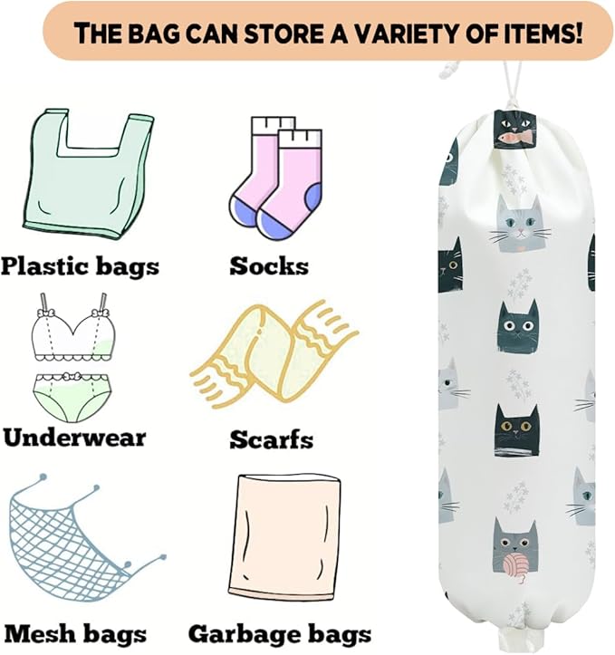 Cat Plastic Bag Holder, Wall Mount Grocery Bag Holder for Plastic Bags, Large Reusable Grocery Bags Organizer Storage Dispenser for Home Kitchen, House Warming Gifts for Women Cat Lover