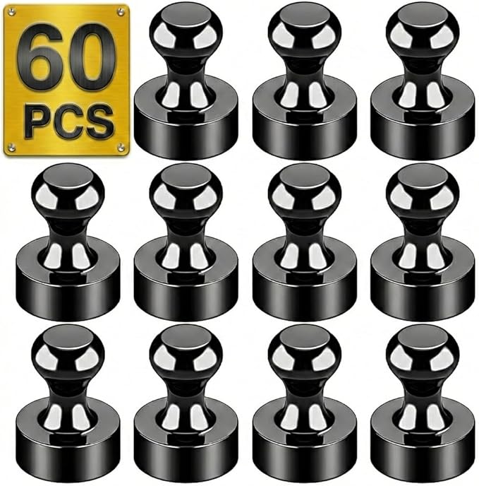 Metallic Magnets, Refrigerator Magnets, 60 Pack Black Magnetic Push Pins, Strong Fridge Magnets, Multi-use Whiteboard Magnets Perfect for Kitchen Office Classroom