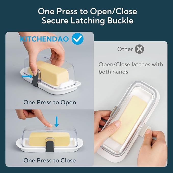 KITCHENDAO One-handed Airtight Butter Dish with Lid for Countertop and Refrigerator Door Shelf, Butter Holder with One Press to Open/Close Secure Latching Buckle for West/East Coast Butter (White)