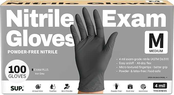 SUP Powder-Free Nitrile Exam Gloves, 100 Count, Food Safe Latex-Free Medical Non-Sterile Cooking Disposable Glove, Black
