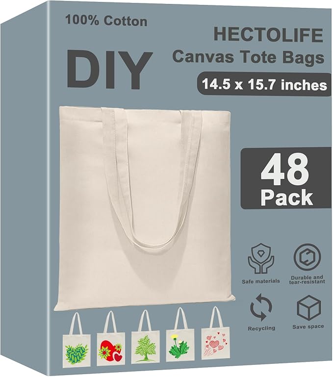 HECTOLIFE 6 I 12 I 24 I 48 Pack Canvas Tote Bags,Reusable Blank Canvas for Shopping Bags,Grocery Bags,DIY Gift Bags