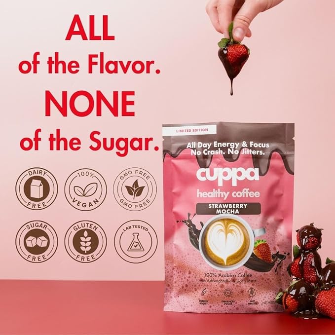 Cuppa Strawberry Mocha Mushroom Coffee with Adaptogens & Superfoods - Lion’s Mane, Ashwagandha & Cordyceps. Adaptogens + MCT to support natural energy, mental focus & gut health (30 Servings)