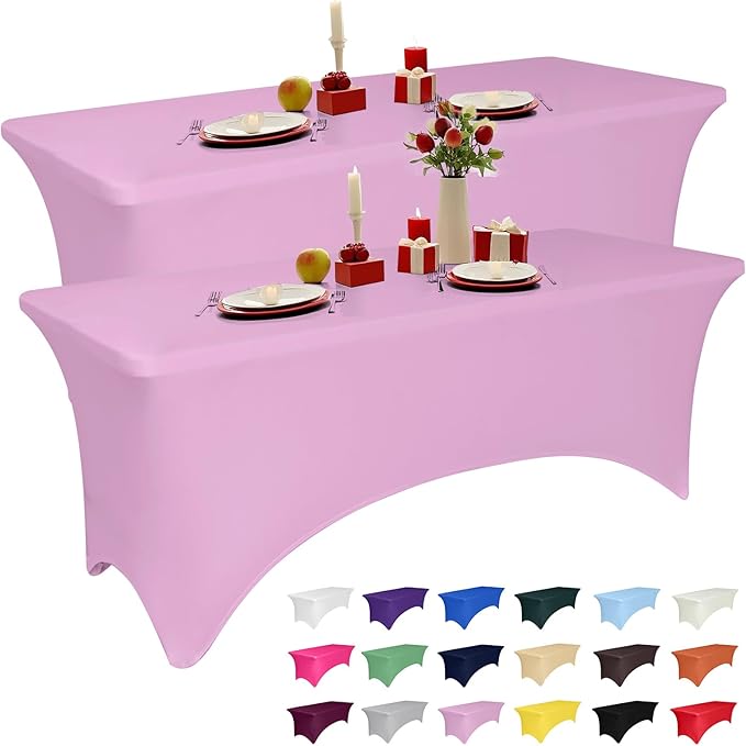 2 Pack 6 Feet Pink Spandex Tablecloth for Rectangular Tables, Fitted & Stretch, Washable, Wrinkle Resistant, Perfect for Event, Wedding, Party, Banquet, Cocktail, Festival, and Table Protector