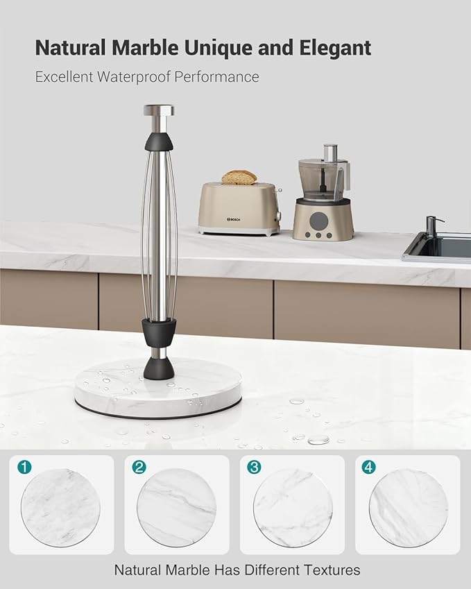 Marble Paper Towel Holder Countertop, Stainless Steel, One-Handed Tear, Freestanding Paper Towel Stand Rack with Ratchet Mechanism for Kitchen Toilet Bathroom Essentials Decor Accessories, Silver