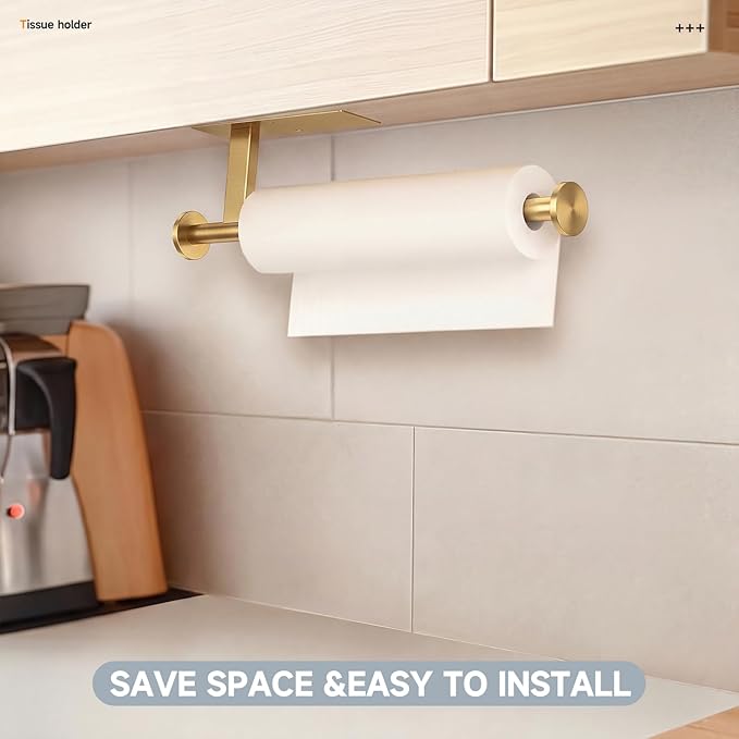 Paper Towel Holder Wall Mount - Self Adhesive No Drill or Drilling, SUS304 Stainless Steel - Kitchen, Bathroom, Sink, Pantry, Fridge (Gold)