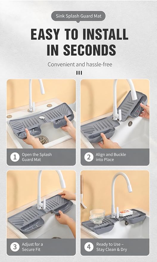 Silicone Kitchen Sink Splash Guard Faucet Mat with Deep Storage Trays,for Sponge Brush,Sloped Draining, Countertop Protector,For Tidy Homes,Renters,Bonus Sponge