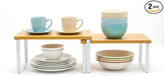 2 Pack Cabinet Organizer Shelf, Coffee Cup Organizer for Cabinet, Stackable and Expandable, Wood Kitchen Counter Shelves with Metal Legs, with Easy-Install Tool, for Mug and Cup Storage