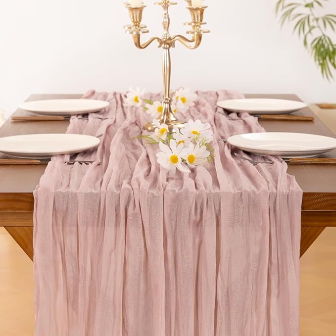 Socomi 15pcs Pink Cheesecloth Table Runner Summer Boho Rustic Gauze Dusty Pink Farmhouse 120 inch 10FT Cheese Cloth Sheer Runner for Wedding Party Baby Shower Birthday Home Decor Holiday