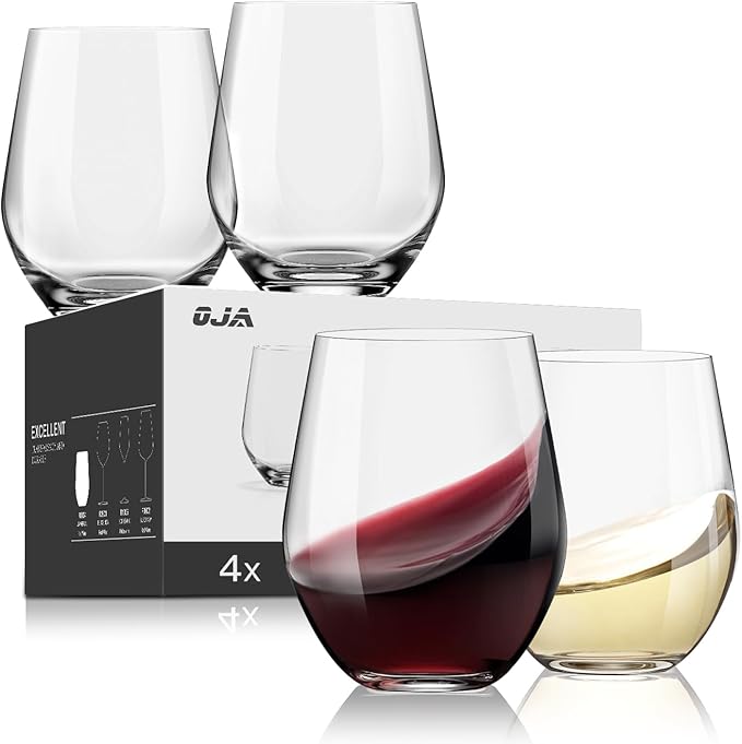 Stemless Wine Glasses Set of 4, Red White Wine Glasses, No Stem, Clear, 15oz, Premium Crystal Sturdy Drinking Glass for Daily Use, Birthday, Wedding, Home Party, Anniversary, Shower Gift