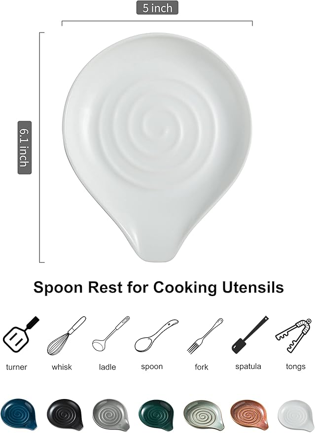 LAUCHUH Spoon Rest for Kitchen Countertop, 5 inch Ceramic Spoon Holder for Stove Top,Large Cooking Utensil Holder for Spatula, Spoons or Tongs, Framhouse Decor, White