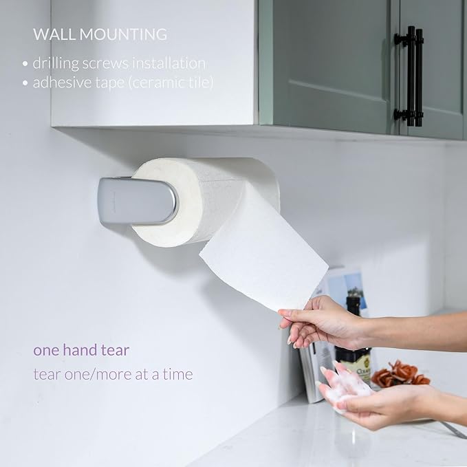 simpletome Paper Towel Holder ONE Hand Tear Adaptive Tension Arm Adjustable Length 9.4-11inch/24-28cm (Silvery)
