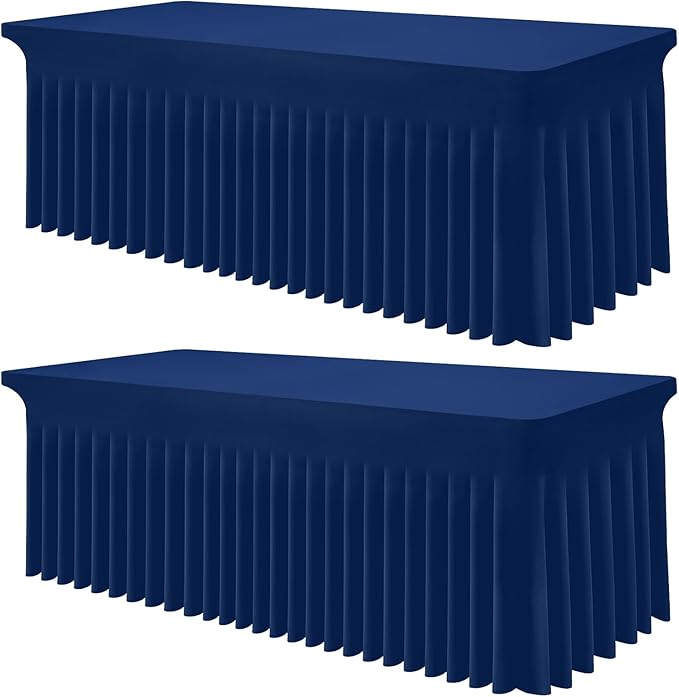 Smiry Spandex Tablecloth 2 Pack, Elastic Fitted Stretch Tablecloth for 8FT Rectangle Tables, Waterproof Washable Table Cover Skirt for Outdoor, Wedding, Banquet & Parties (Navy, 96Lx30Wx30H Inch)