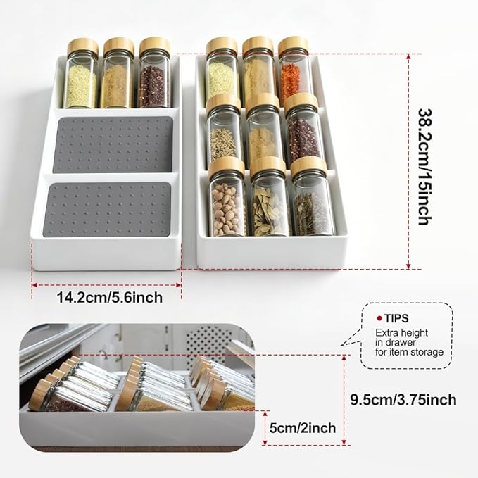 Spice Drawer Organizer,3 Tier Non-Slip Silicone Seasoning Jar Drawer Insert,Spice Rack Organization for Drawer,Spice jar holder for drawer,Kitchen Spice Rack Tray for Cabinet Countertop Makeup Storage