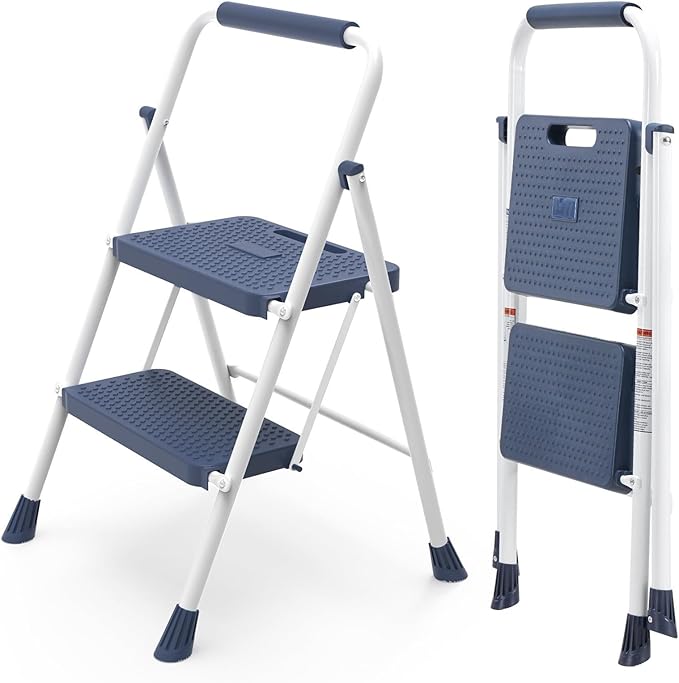 Smug Step Ladder, 2 Step Stool Foldable with Anti-Slip Pedal & Comfortable Handrail, 800lbs Capacity Sturdy Steel Ladder, Protable Heavy Duty Step Stool for Kitchen, Garage & Outdoor Use, Blue