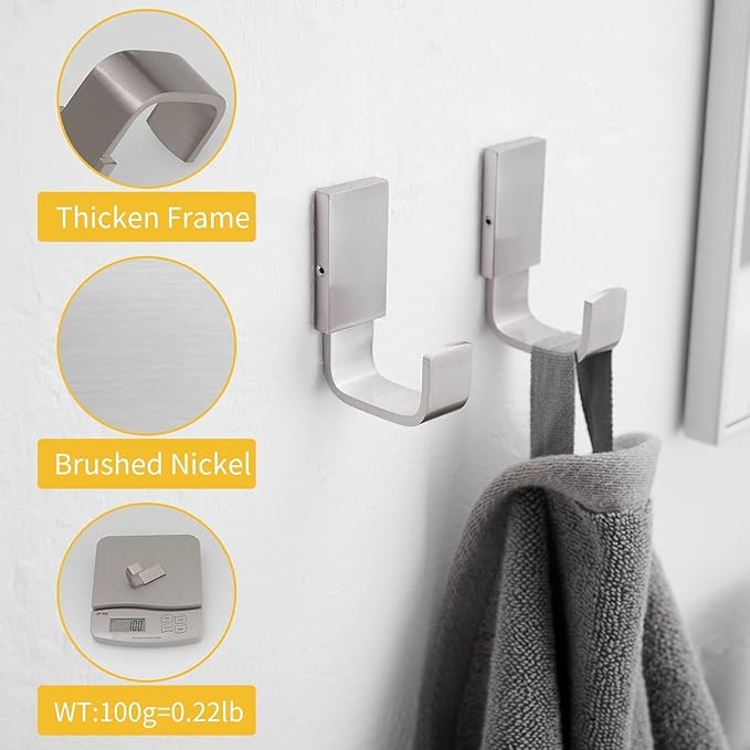 BESy Clothes Hook Single Towel Hooks for Bathroom Kitchen Garage Square Style Robe Hooks Coat and Hat Hook, Wall Mounted with Screws, Stainless Steel, Brushed Nickel