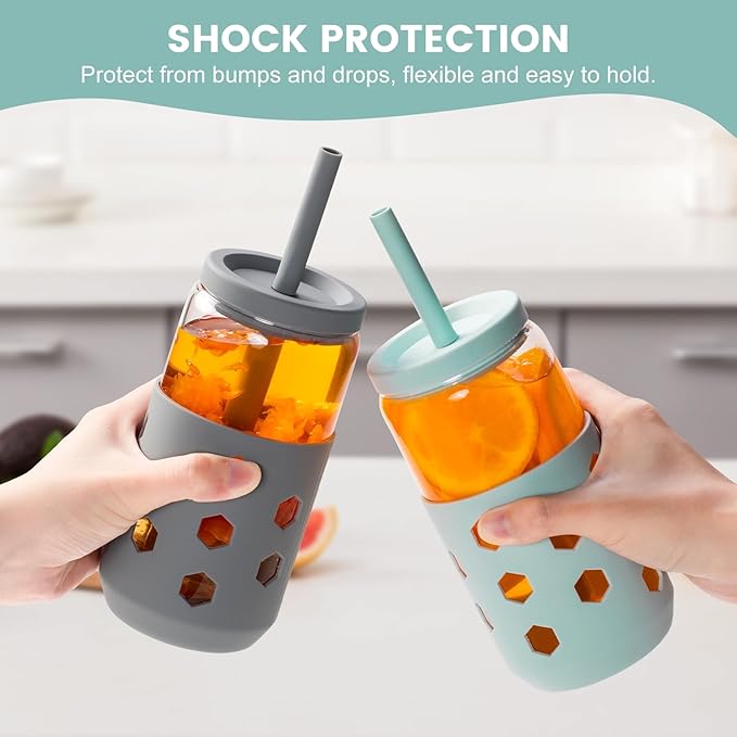 Mrsdry Glass Cups with Lids and Straws 4 Pcs, 16oz Glass Tumbler with Silicone Straw and Sleeve for Coffee Bar Accessory, Drinking Glasses Set Reusable Iced Coffee Cup - Smoothie Cup for Gifts