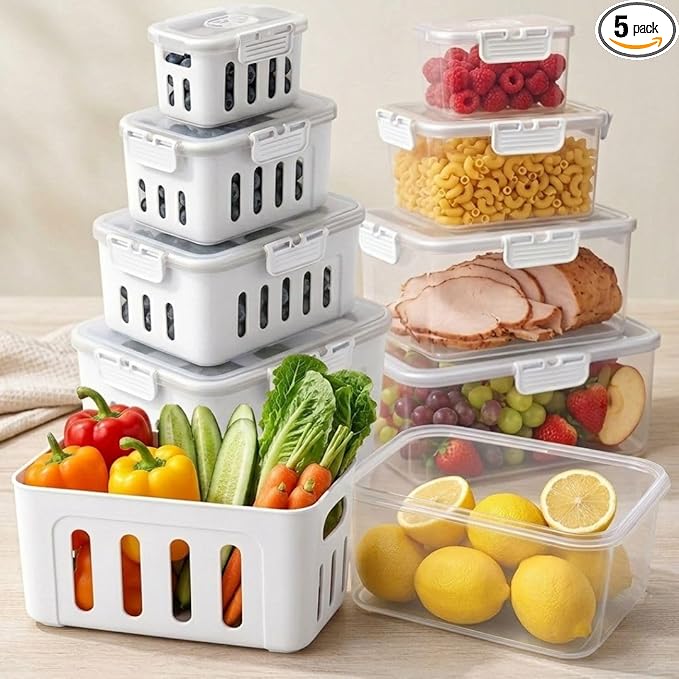 Fruit Containers for Fridge Keep Fresh, 5-Pack BPA-Free Produce Storage Containers with Removable Colander, Airtight Fridge Organizer for Berry Vegetable, Microwave & Dishwasher Safe (White)