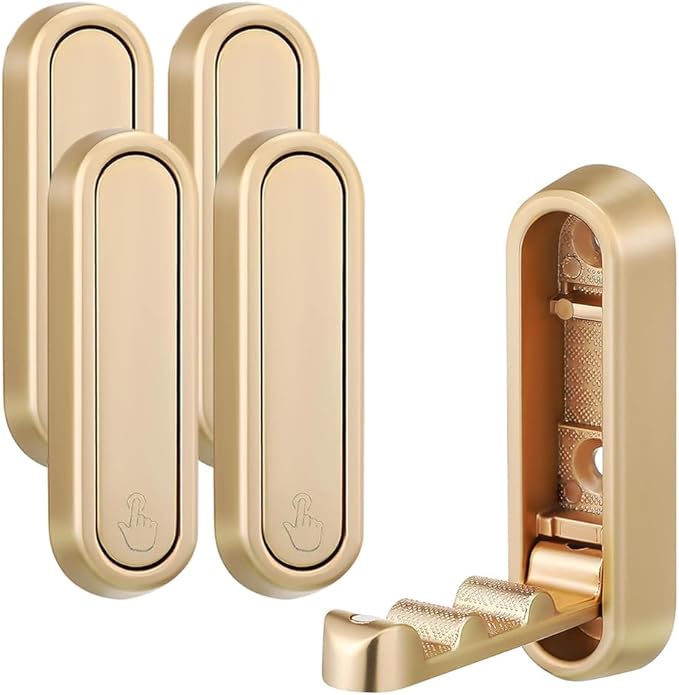 Gold Foldable Wall Hooks, Metal Foldable Hooks Wall Wount for Bathroom, Kitchen, Bedroom – Space-Saving, for Towels, Coats, Bags, Easy Installation (Gold, 4PCS)
