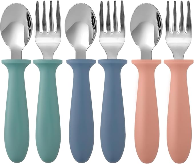Pimoys 6 Pieces Toddler Utensils, Kids Silverware Set with Plastic Handle Stainless Steel Children Forks and Spoons, Dishwasher Safe