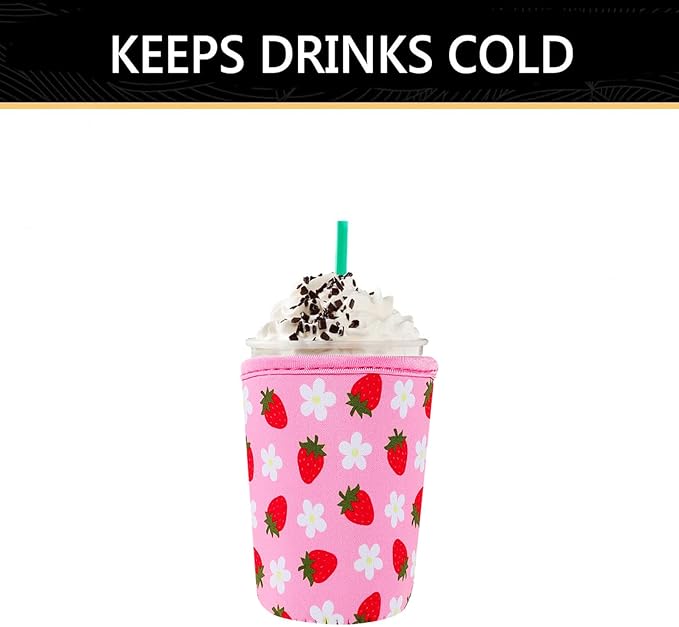 YR Reusable Neoprene Insulator Sleeve for Iced Coffee Cups, 3 Pack Coffee Coolies sleeves for Iced & Hot Drinks, Cold Beverage Cooler Compatible with Starbucks Coffee and More (Strawberry)