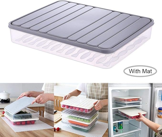 Food Storage Bin Vegetable Organizer with Lid Clear Fridge Crisper Keep Food Fresh BPA Free Kitchen Organizer Bins (Grey-L-SIZE with MAT)