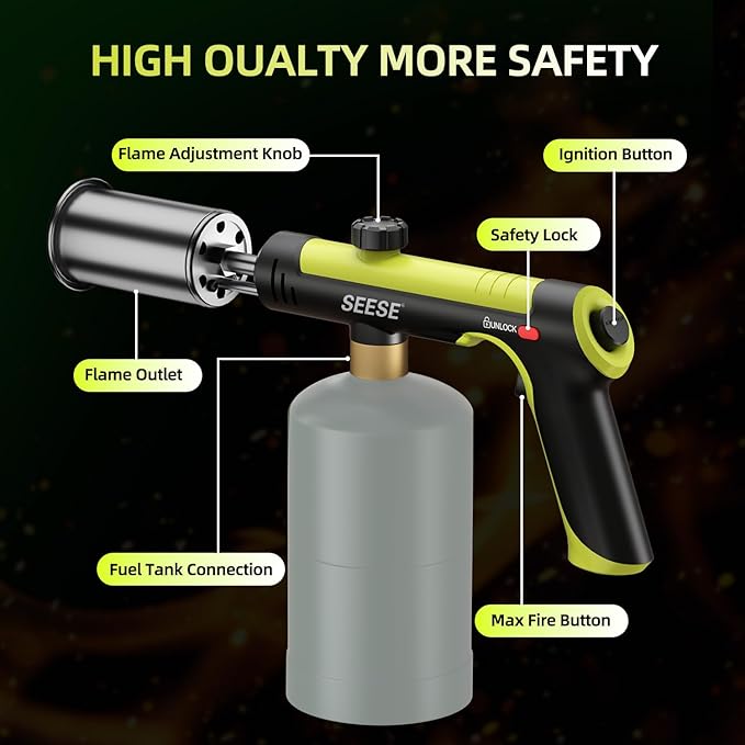 Powerful Propane Torch Gun,Kitchen Cooking Torch With One-Touch Max Fire, Charcoal Lighter with a Safety Lock, Adjustable Blow Torch for Sous Vide, BBQ, Campfire, Fireplace(Tank Not Included)