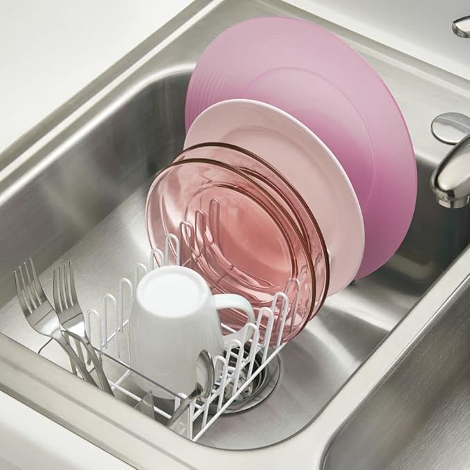 mDesign Kitchen Sink Dish Drainer – Small Metal and Plastic Dish Rack for Kitchen Sink – Dish Drying Rack with Drip Tray for Plates and Cutlery Basket – White/Clear