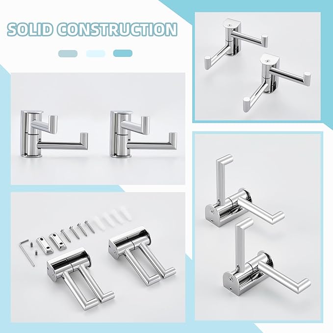 Angle Simple Swivel Hook for Towel Polished Chrome 2 Pack, 304 Stainless Steel Bathroom Towel Double Hook for Wall