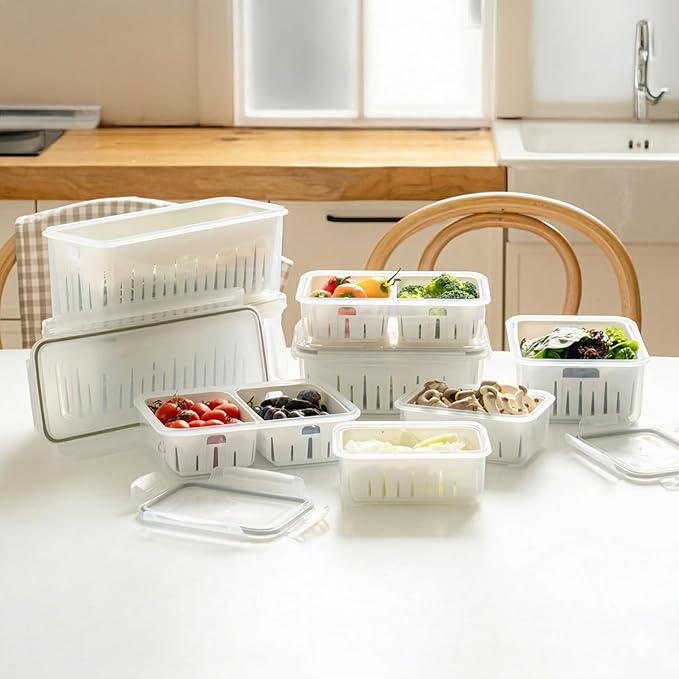 carrotez 16.9 Cup Produce Saver Container for Fridge with White Colander, Airtight Fruit & Vegetable Storage Bin, Removable Strainer Basket, BPA-Free, Stackable, 4.0L