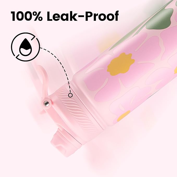 Fijinhom 18 oz Insulated Water Bottle, 2-in-1 Straw and Spout Lid Stainless Steel Thermos, Leak-Proof, Double Wall Vacuum Flask, Keep Cold 24H for Outdoor, Sports, Travel, School (Flower)
