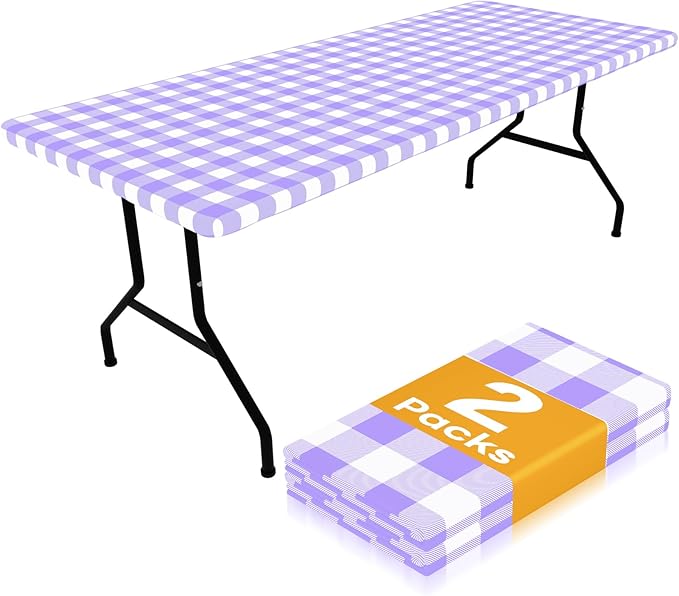 Smiry Picnic Table Cloth 2 Pack, Waterproof Elastic Fitted Tablecloths for 4FT Rectangle Tables, Washable Polyester Buffalo Plaid Tablecloth for Camping, Dining & Outdoor (Purple & White, 30" x 48")