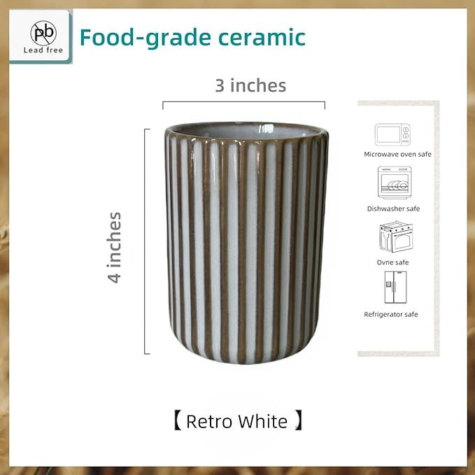 TOPYOKK Stoneware Coffee Bar Utensil Holder Tea & Coffee Spoon & Stirrer Holder for Stir Stick Straw Teaspoon Holder Spoon Cup Small Utensil Jar Fluted Vertical Stripe (Retro White)